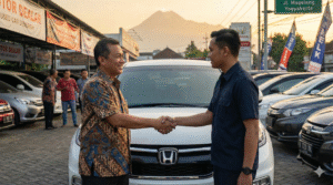 Pedagang mobil bekas Jogja bersalaman dengan inspektor mobil di bursa mobil Jalan Magelang.